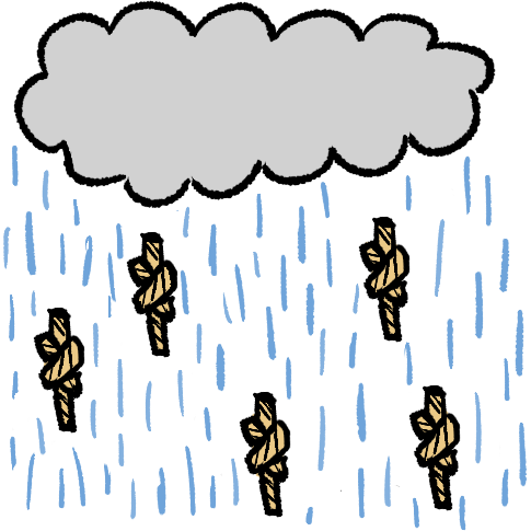 a cloud on the top with ropes tied in knots underneath surrounded by heavy rain